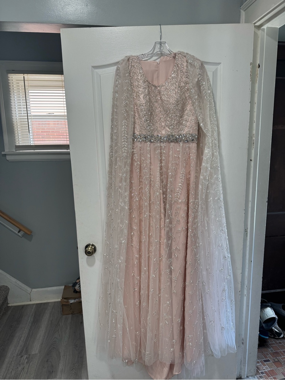 Embellished Blush Pink Evening Gown with Sheer Beaded Cape dress